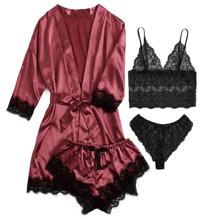 Verhoog je nachtelijke comfort: Stijlvolle dames 4-delige kanten satijnen pyjama set voor ontspanning en slapen