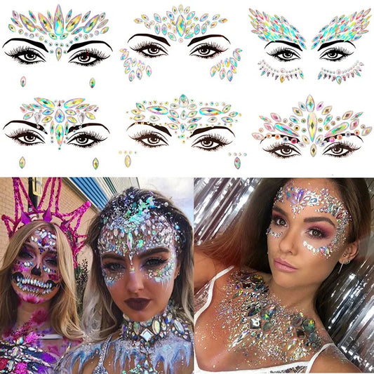 Sprankelende 3D Rhinestone Gezichtstickers – Verhoog je festivallook met glinsterende sieraden, kristallen en edelsteen decor!