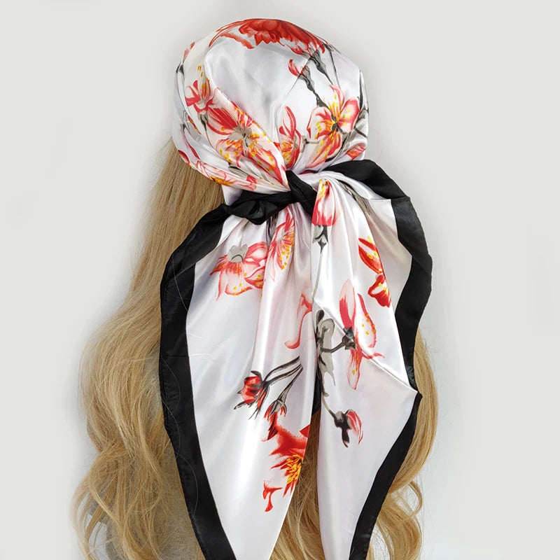 Elegante 90x90cm Bloemen Haar Sjaal voor Vrouwen - Stylish Designer Zachte Satijnen Sjaal & Halsdoek - Perfecte Vierkante Zijden Hals- & Haar Sjaal