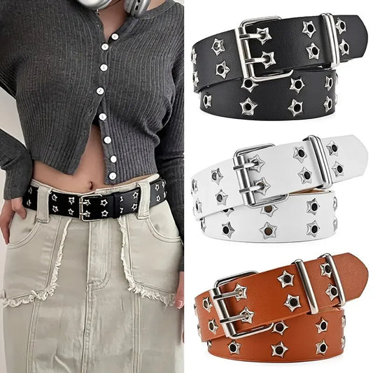 Trendy Ster Oog Riem met Spijkers - Unisex Goth-Inspiratie Dubbele Speldsluiting Punk PU Leren Tailleband Perfect voor Jeans - Y2K Stijl