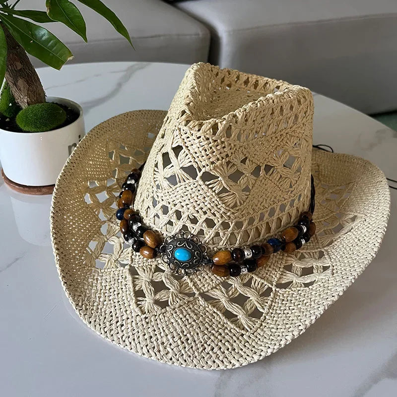Stijlvolle Vintage Boheemse Strohoed met Houten Kralen - Perfect voor Zomerse Stranddagen en Westerse Avonturen!