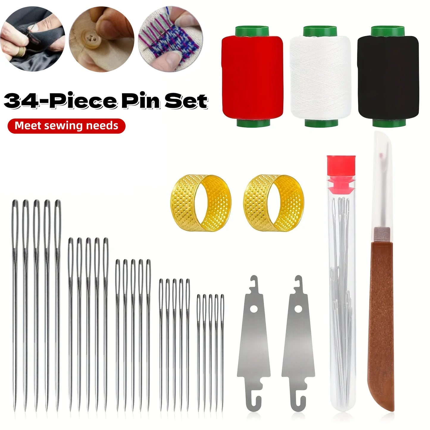 Kit de couture 34 pièces aiguilles gros chas en acier outils réparation vêtements loisirs créatifs DIY