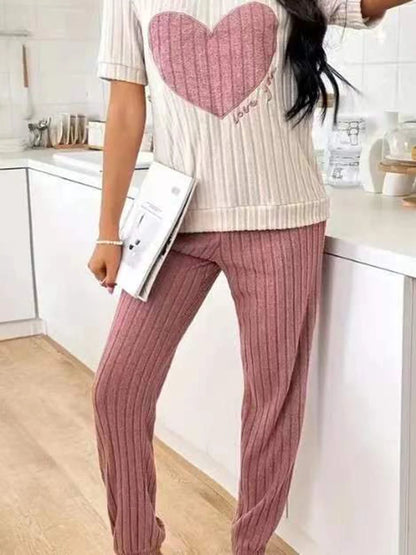 Charmante Hartpatroon Dames Pyjama Set - Korte Mouwen Top & Broek voor Gezellige Thuisontspanning