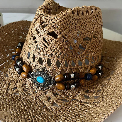 Stijlvolle Vintage Boheemse Strohoed met Houten Kralen - Perfect voor Zomerse Stranddagen en Westerse Avonturen!