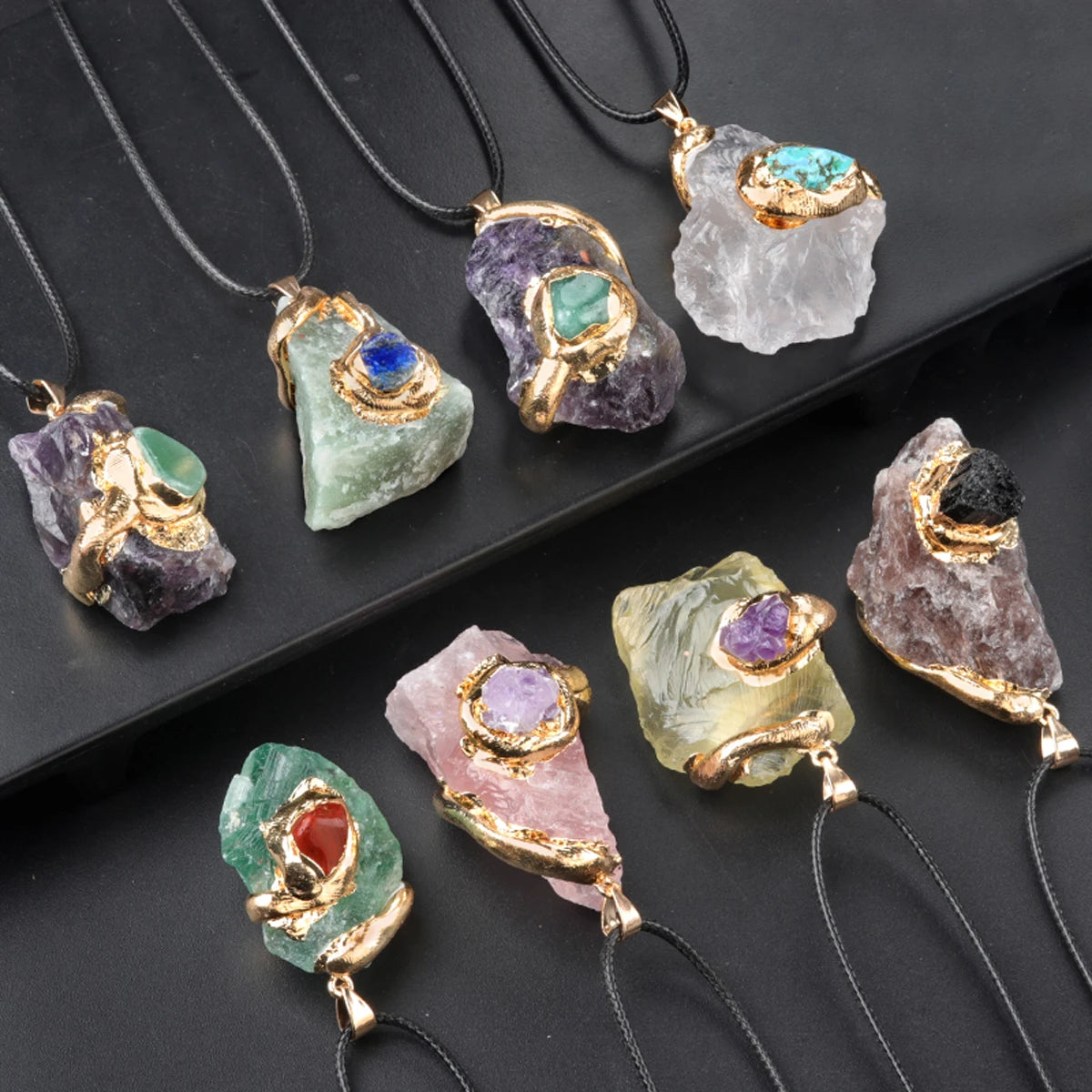 Raw Fluorite Crystal Pendant Gold Wrapped Natural Stone Charm for Jewelry Making DIY Necklace Supply No Chain