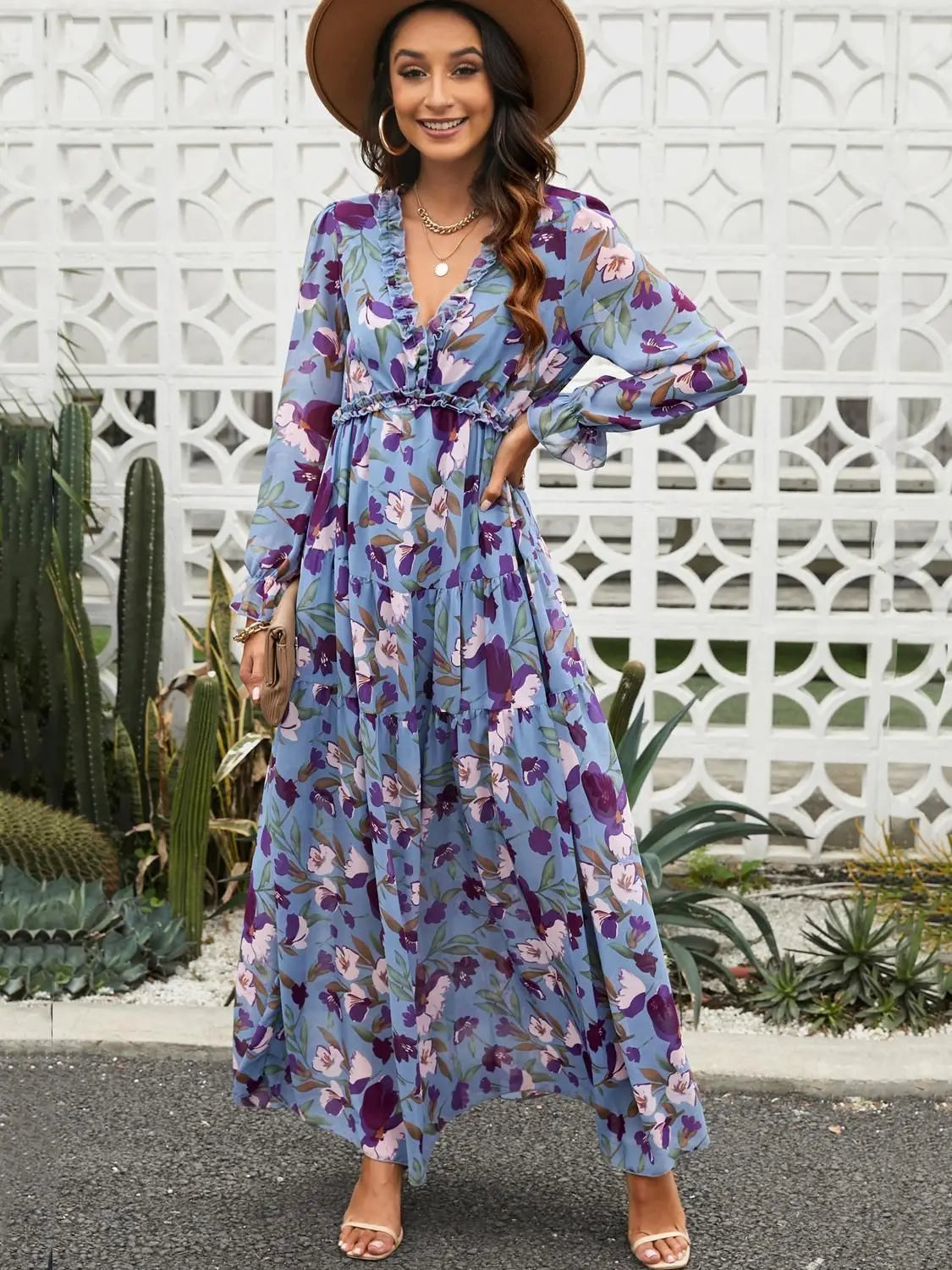 Chic Bloemen Chiffon Maxi Jurk voor Dames – Perfect voor Lente en Zomer met Gerimpelde Lagen en Elegante Lange Mouwen, Ideaal voor Feesten!