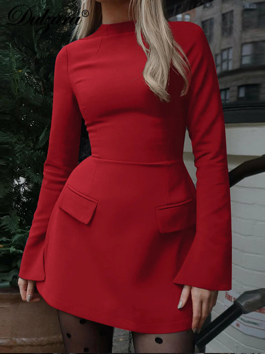 Soepele & Chique Lange Mouw Rits Bodycon Mini Jurk met Zakken - Perfect voor Kantoor & Straatstijl Deze Herfst/Winter!