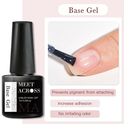 Verhoog je nagelspel met MEET ACROSS 7ml Premium Basis- en Topcoat Gel Nagellak - Soak Off Semi-Permanente UV Lak voor Stunning Manicures!