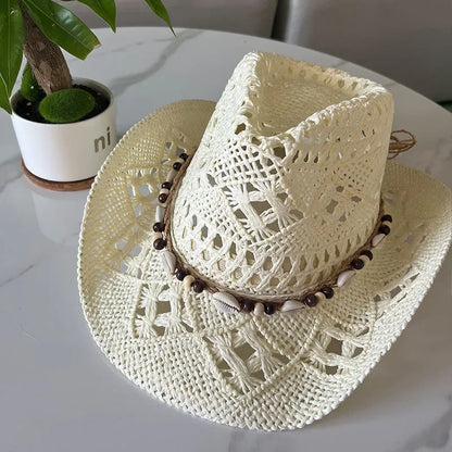 Stijlvolle Vintage Boheemse Strohoed met Houten Kralen - Perfect voor Zomerse Stranddagen en Westerse Avonturen!