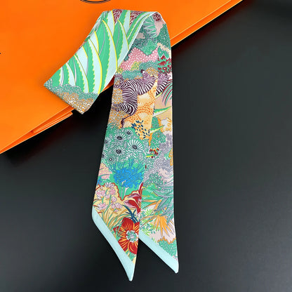 2024 Chic Zebra Florale Zijden Sjaal - Luxe Modeaccessoire voor Vrouwen, Veelzijdige Haarband, Stijlvolle Neckerchief en Elegante Tas Sjaal