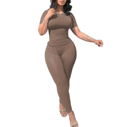 Chique Geribbelde 2-delige Zomer Lounge Set voor Vrouwen: Comfortabele Top & Rekbare Leggings Combinatie