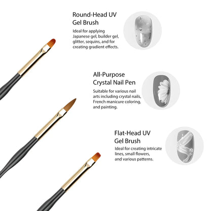 LULAA Set van 3 Dubbelzijdige Nagelkunstpennen - Acryl Ronde & Platte Penseel voor Prachtige DIY Nageldesigns!