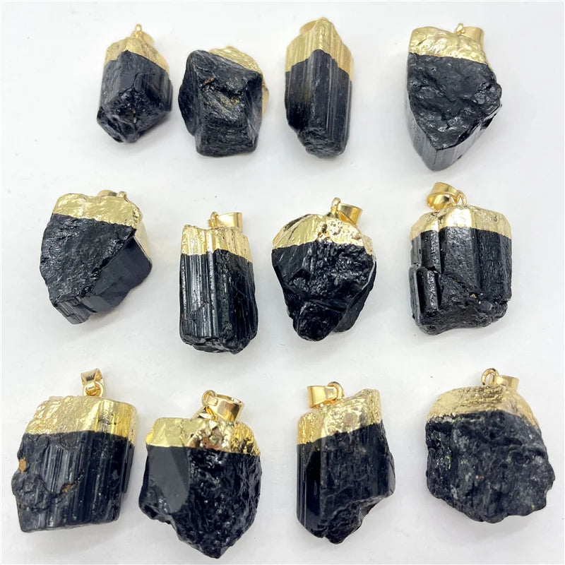Raw Black Tourmaline Pendant Set 12pcs Natural Crystal Charm Gold Edge Irregular Stone for Jewelry Making Reiki Supplies