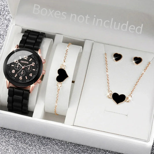 Chique 4-delige Genève Horloge Set met Hart Sieraden - Stijlvolle Silicone Bandjes voor Vrouwen (Doos Niet Inbegrepen)