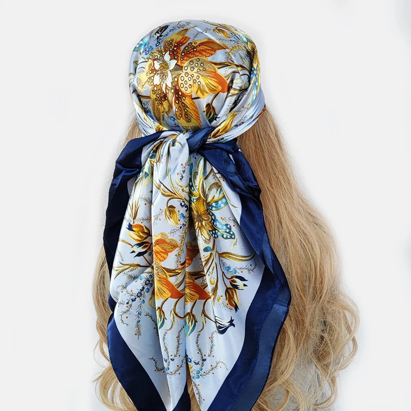 Elegante 90x90cm Bloemen Haar Sjaal voor Vrouwen - Stylish Designer Zachte Satijnen Sjaal & Halsdoek - Perfecte Vierkante Zijden Hals- & Haar Sjaal