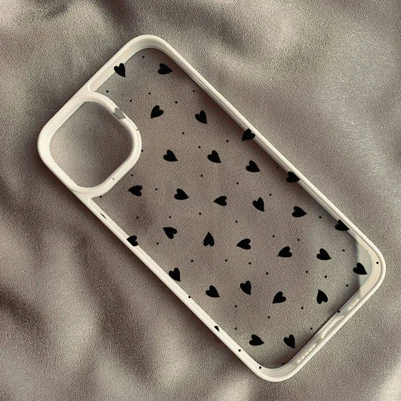 Chic Roze Hart Telefoonhoesje voor iPhone 14 Pro Max, 15, 13, 16, 12 Mini, 11, XR, XS, X en 7 Plus - Schattige Zwarte Transparante Harde Hoes
