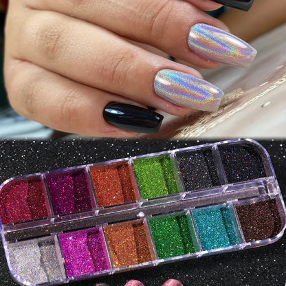 Prachtige Holografische Poeder Set: Iriserend Zilver, Zwart, Roze en Chroom Nagel Glitter voor Creatieve DIY Manicures!