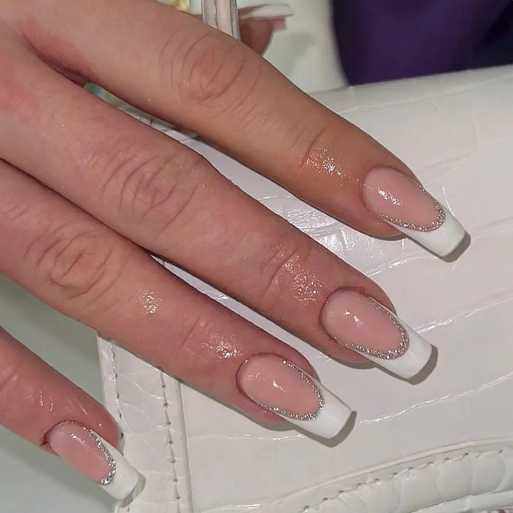 Set van 24 Eenvoudige Gradient Franse Ballerina Druknagels - Waterdichte Medium Coffin Stijl Nepnagels voor Moeiteloze Elegantie!