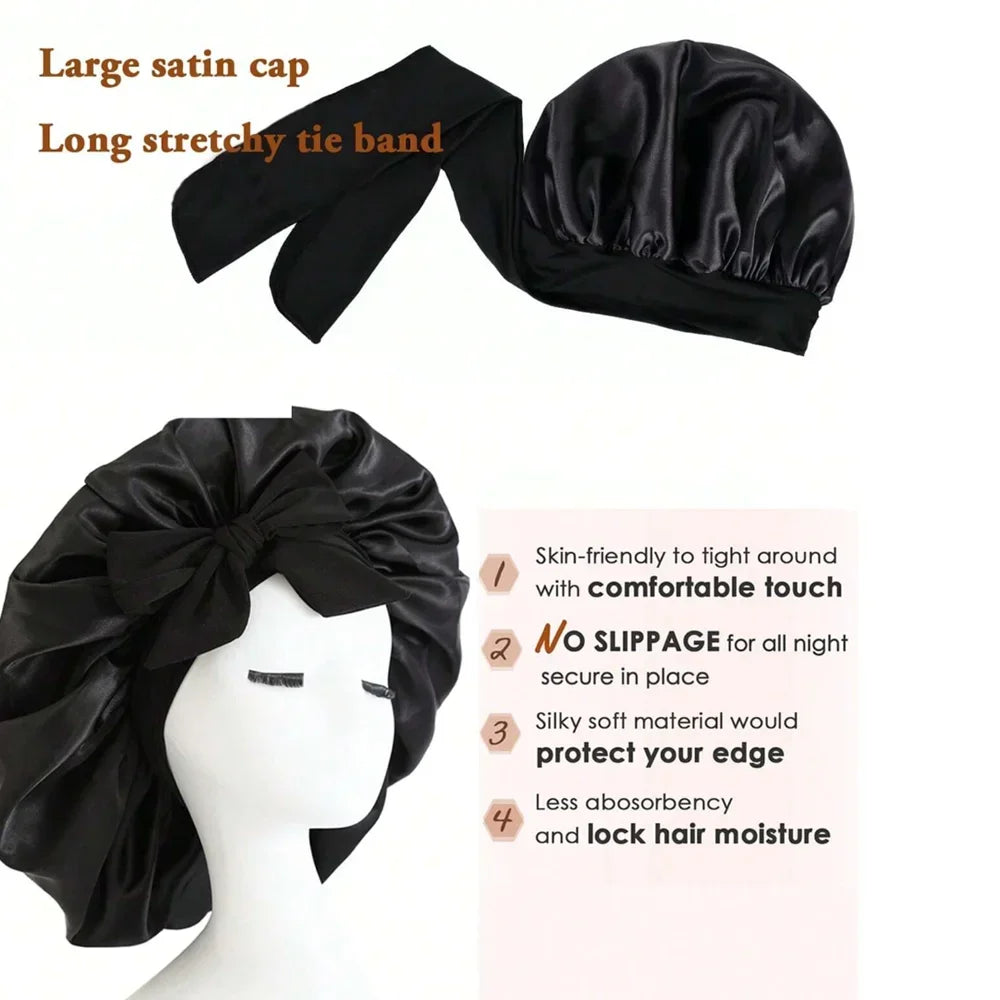 Satin Silk Hair Bonnet Adjustable Tie Band Wide-brimmed Night Sleeping Bathing Hat Bonnet for Women Unisex Protective Headwear