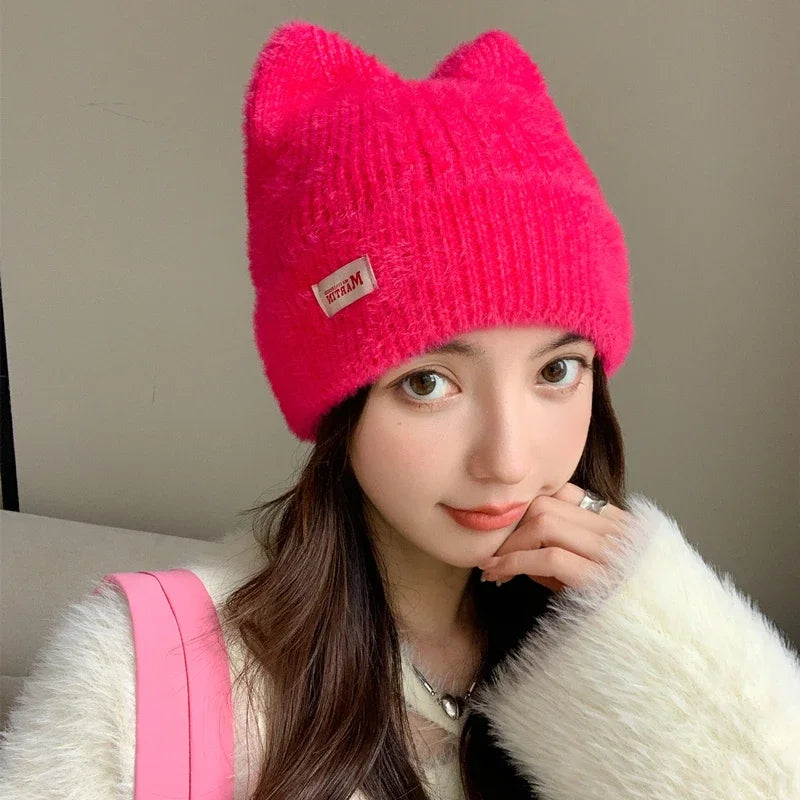 Schattige Kattenoor Gebreide Beanie - Gezellige Neppelzen Wintermuts voor Vrouwen, K-Pop Geïnspireerde Snoepkleuren voor Trendy Streetwear!