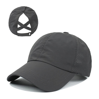 Chic Zomer Effen Baseball Cap voor Vrouwen - Stijlvolle Athleisure Cross Ponytail Hoed met Sneldrogend Gaas Visor