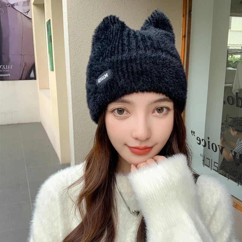 Schattige Kattenoor Gebreide Beanie - Gezellige Neppelzen Wintermuts voor Vrouwen, K-Pop Geïnspireerde Snoepkleuren voor Trendy Streetwear!