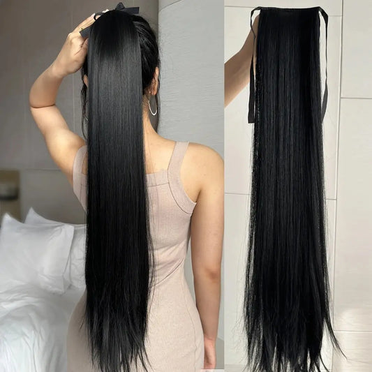 Transformeer je look met onze 85CM lange rechte clip-in paardenstaart extensie - warmtebestendig synthetisch haarstuk voor moeiteloze stijl!