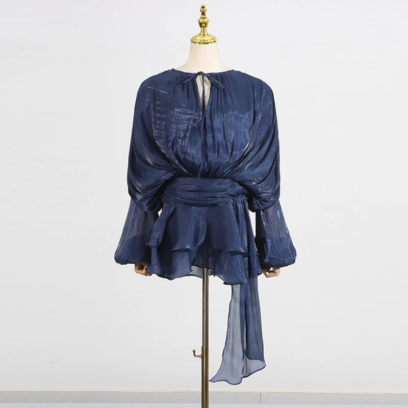 VGH Stylish Gecombineerde Vetersluiting Losse Korte Jurk voor Dames met Ronde Hals, Lange Mouwen en Trendy Ruches - Een Chique Aanvulling op Je Garderobe!
