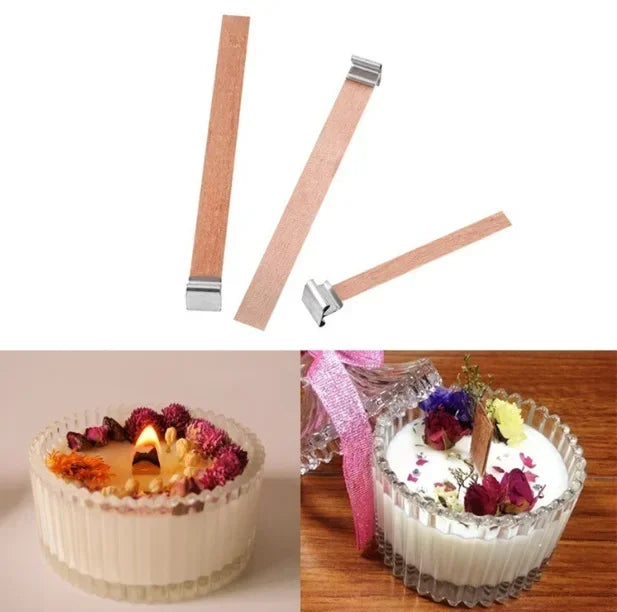 Wooden Candle Wicks with Metal Base Holders Flat Wood Wick Cores for DIY Soy Wax Candle Making