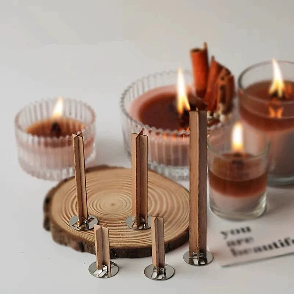 Cross Wooden Candle Wicks with Metal Clips Smokeless Wood Wick Cores for DIY Jar Candle Making