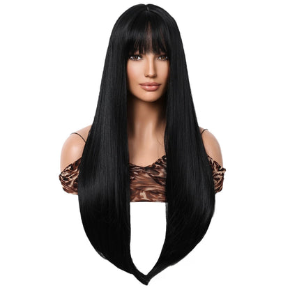 Prachtige 28-Inch Lange Rechte Zwarte Pruik met Pony – Hittebestendig Synthetisch Haar voor Vrouwen Cosplay en Stijlvolle Lolita Looks