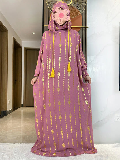 Elegante Katoenen Ramadan Abaya met Dubbele Hoeden - Prachtig Goudstofontwerp voor Moslimvrouwen met Gebed en Speciale Gelegenheden - Geïnspireerd door Dubai en Turkse Kaftanstijlen