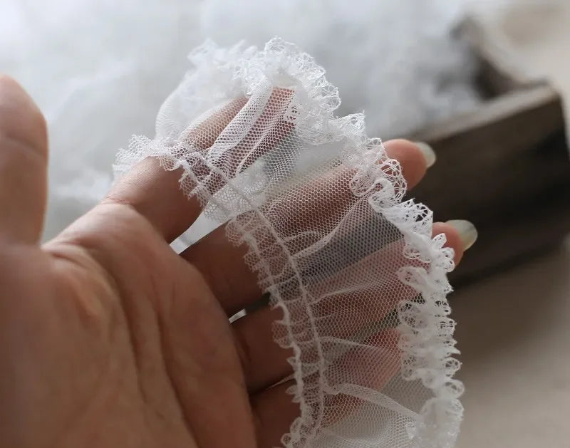 White Ruffle Lace Trim 5cm Pleated Embroidered Mesh Fabric Sewing Trim for Wedding Garment DIY Crafts