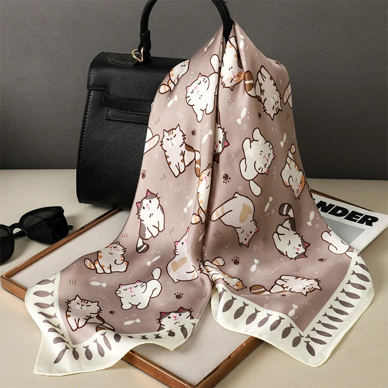 2024 Elegante Zijden Kattenprint Sjaal - Stijlvolle Hoofddoek & Sjaaltje voor Vrouwen - Luxueuze Satijnen Vierkante Sjaal & Multifuntionele Hijab Bandana