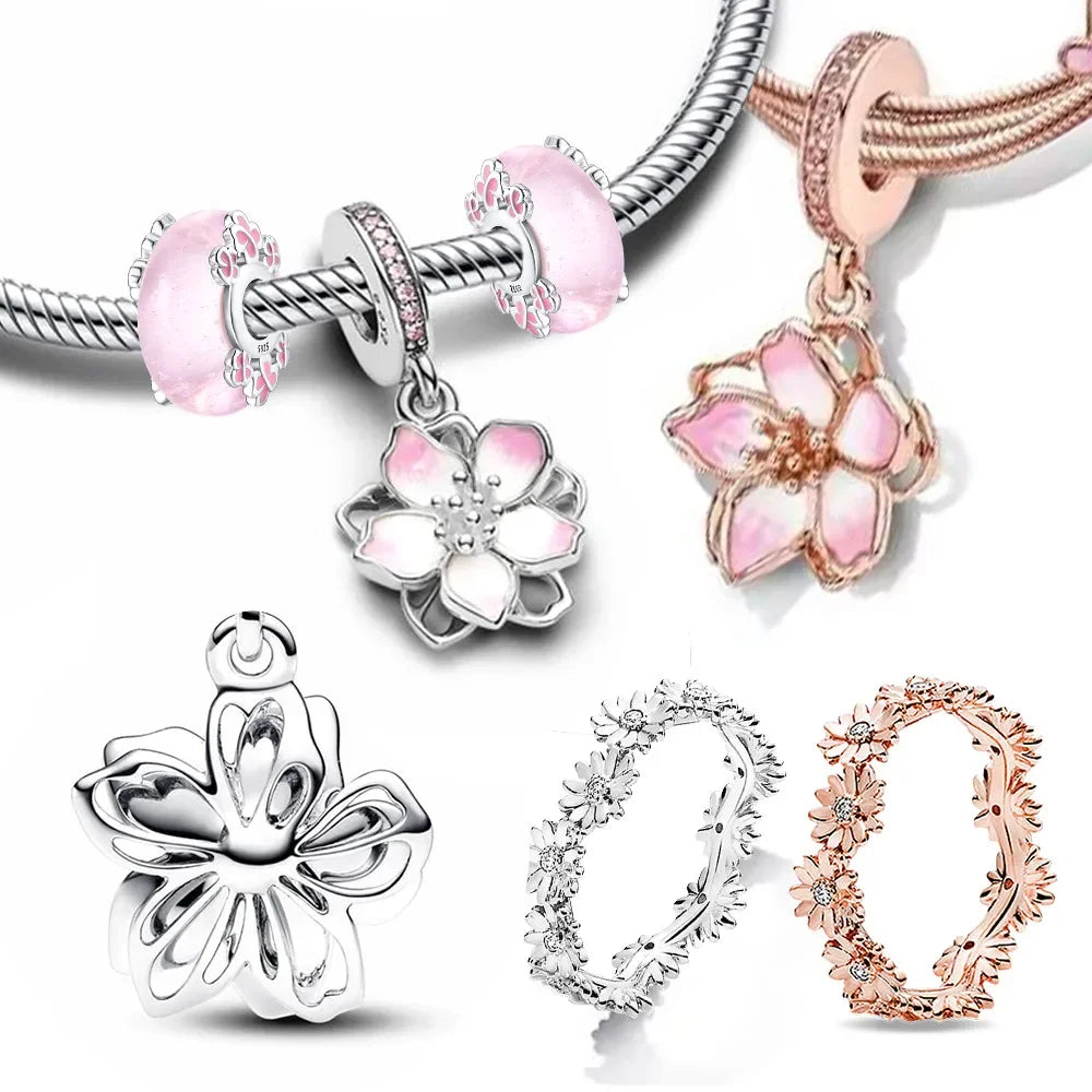 925 Sterling Silver Cherry Blossom Charm Pink Flower Bead Fit Bracelets DIY Jewelry Gift for Women