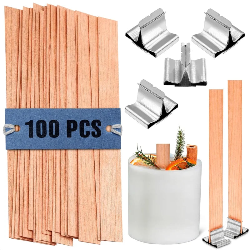 Wooden Candle Wicks with Metal Base Holders Flat Wood Wick Cores for DIY Soy Wax Candle Making