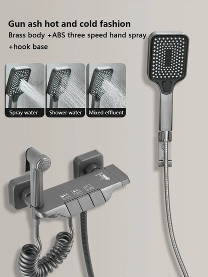 Strak Gun Grey Badkamer Douchesysteem met Piano-Toets Messing Afwerking - Moderne LED Digitale Kraan voor Warme en Koude Menging