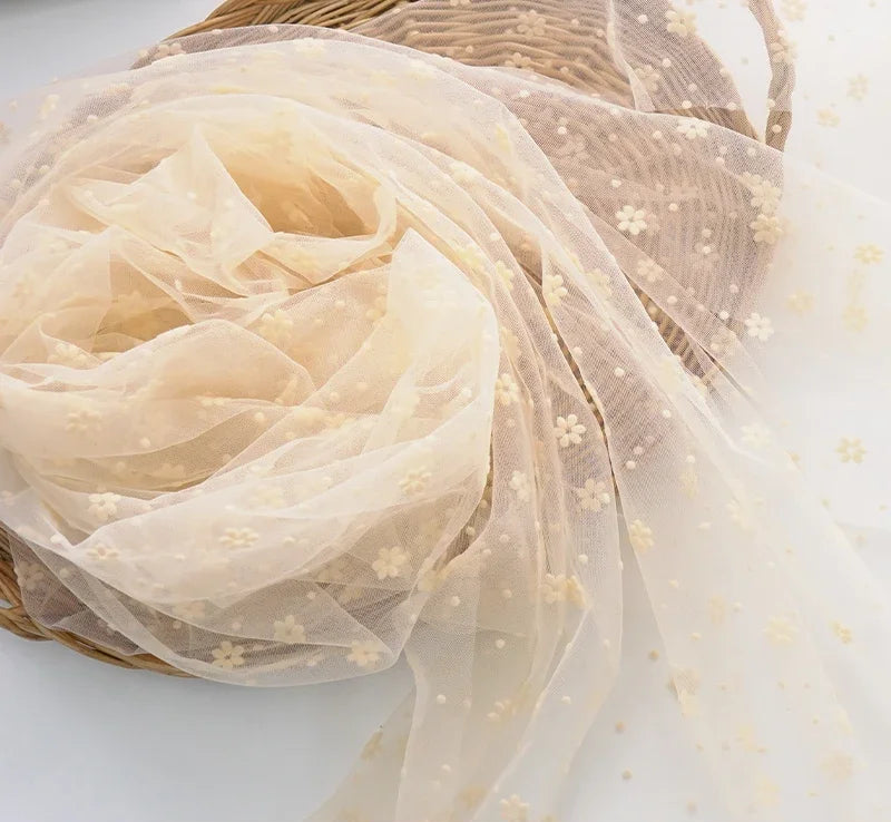 Flower Flocked Tulle Fabric 145x100cm Soft Mesh Fabric for Bridal Veil Princess Dress Doll Skirt Sewing Material
