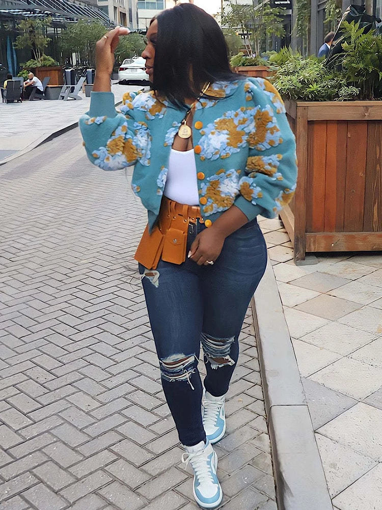 Chic Sibybo 3D Bloem Katoenen Ribbels Gebreide Cardigan - Stijlvolle Enkel-Breasted Trui voor Vrouwen - Perfect voor Casual Winterlooks