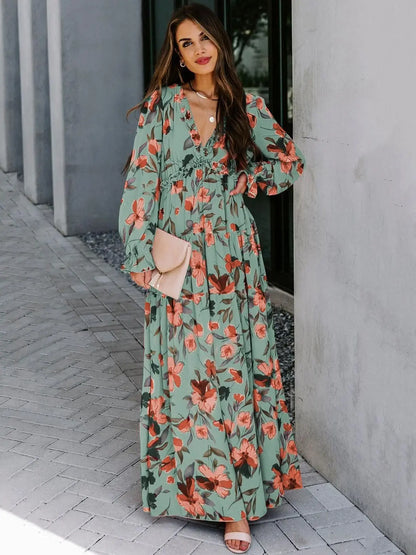 Chic Bloemen Chiffon Maxi Jurk voor Dames – Perfect voor Lente en Zomer met Gerimpelde Lagen en Elegante Lange Mouwen, Ideaal voor Feesten!