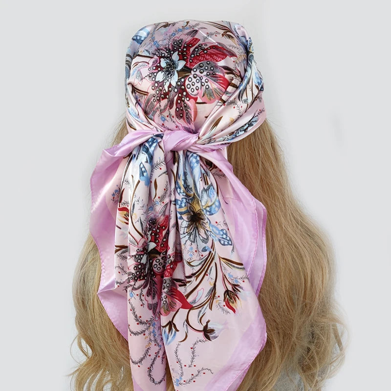 Elegante 90x90cm Bloemen Haar Sjaal voor Vrouwen - Stylish Designer Zachte Satijnen Sjaal & Halsdoek - Perfecte Vierkante Zijden Hals- & Haar Sjaal