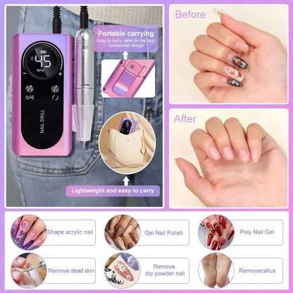 Hoge prestaties 45000RPM Oplaadbare Elektrische Nagelboor - Draagbare Laag Geluids Nagelschuurmachine voor Salon-kwaliteit Manicure