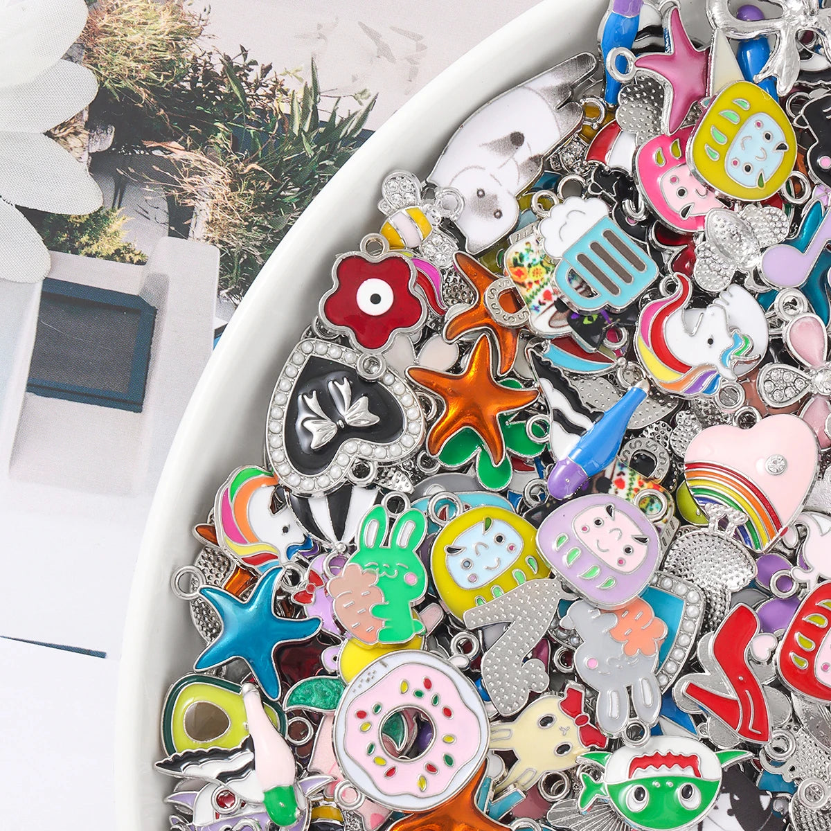 Mixed Enamel Charms Bulk Set Silver Plated Pendants DIY Bracelets Necklaces Jewelry Making Craft Supplies