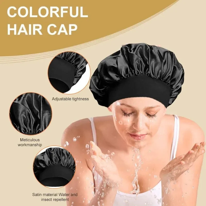 Bonnet Sleeping Cap Nightcap High Elastic Wide Brim Satin Night Hat Shower Silky Bonnet Hair Cover Wrap for Women Man Sleep Cap