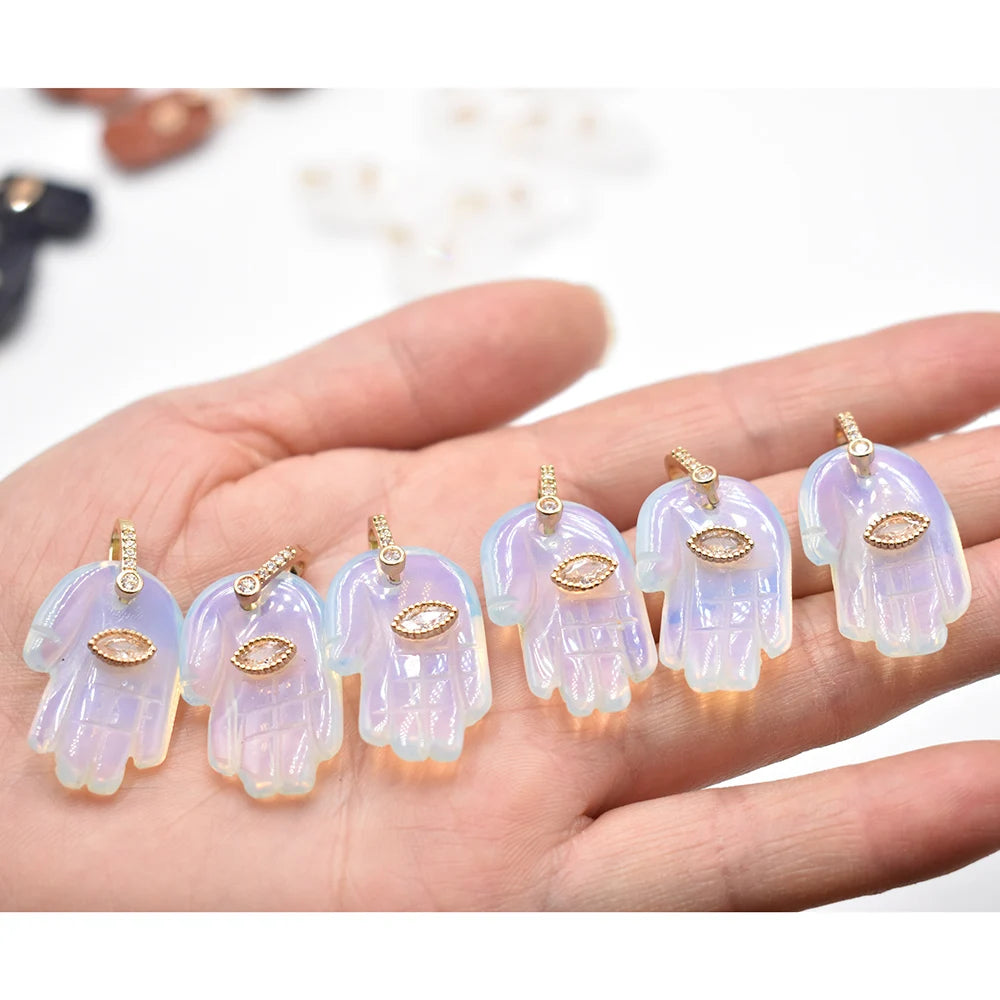 Natural Stone Hamsa Hand Charms 6pcs Carved Amethyst Rose Quartz Palm Pendants for Jewelry Making DIY Necklace Supplies