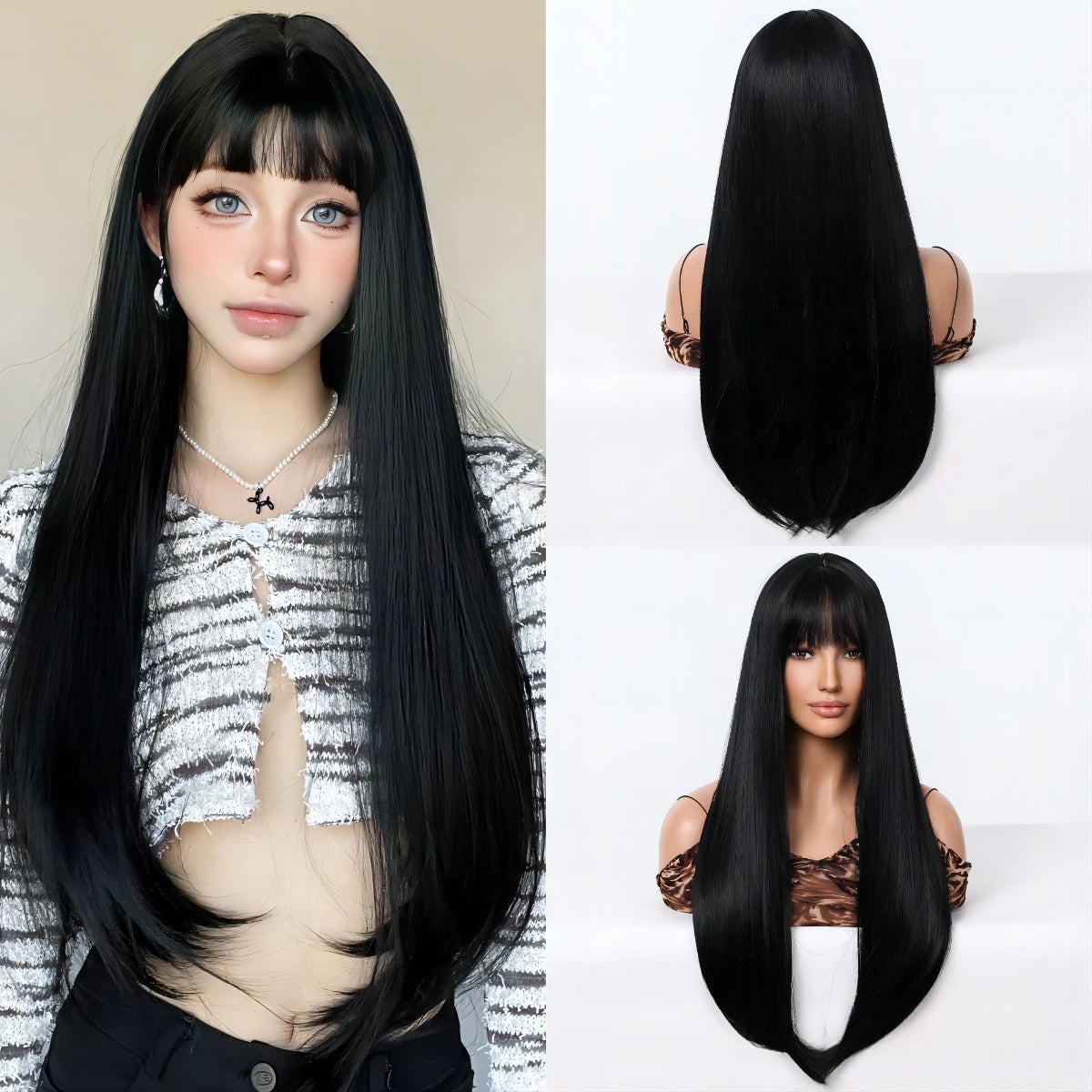 Prachtige 28-Inch Lange Rechte Zwarte Pruik met Pony – Hittebestendig Synthetisch Haar voor Vrouwen Cosplay en Stijlvolle Lolita Looks