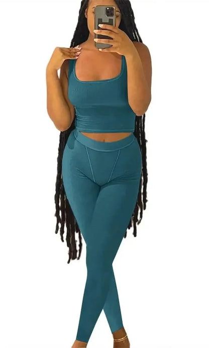 Chique Geribbelde 2-delige Zomer Lounge Set voor Vrouwen: Comfortabele Top & Rekbare Leggings Combinatie