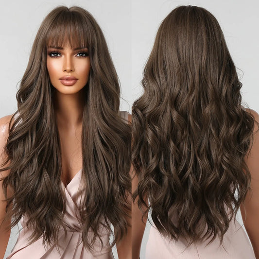 Luxe Lange Bruine Golvende Pruik met Pony - Hittebestendige Natuurlijke Look voor Dagelijks Gebruik en Cosplay