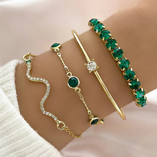 Charmante 4-delige set van modieuze slangen geïnspireerde groene edelstenen armbanden met fonkelende rhinestones – Perfecte metalen armbanden voor vrouwen's verjaardagen, feesten en kerstcadeaus!