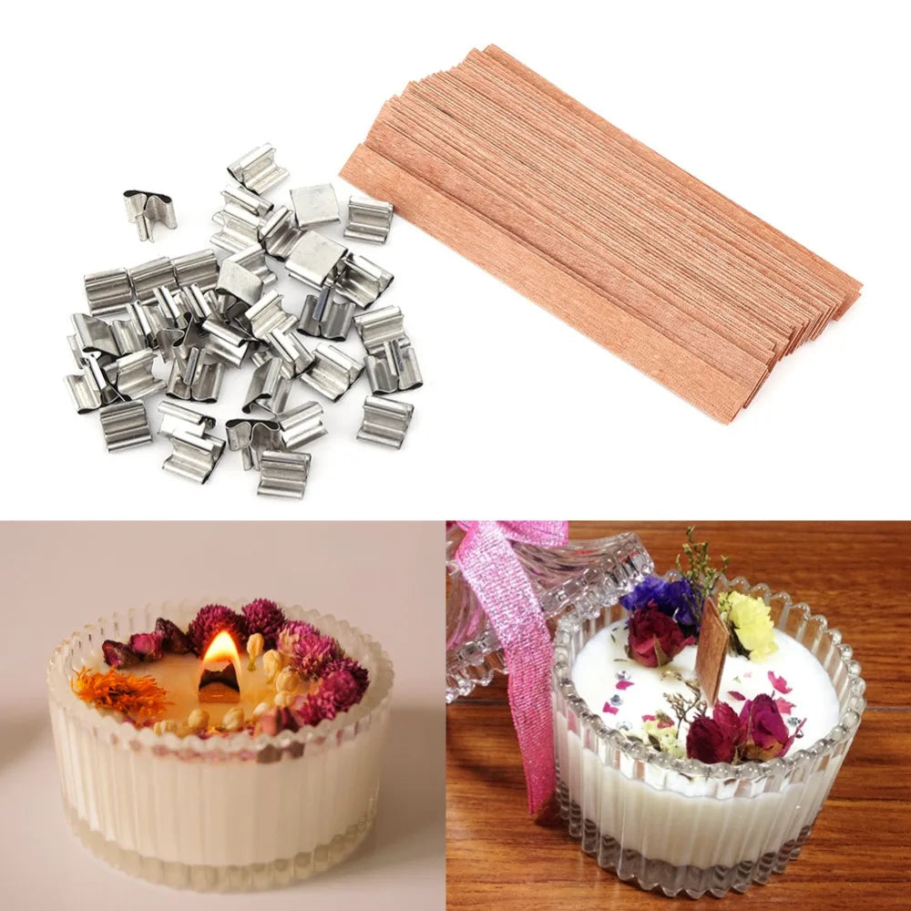 Wooden Candle Wicks with Metal Base Natural Wood Wick Cores for Soy Wax DIY Candle Making Supplies